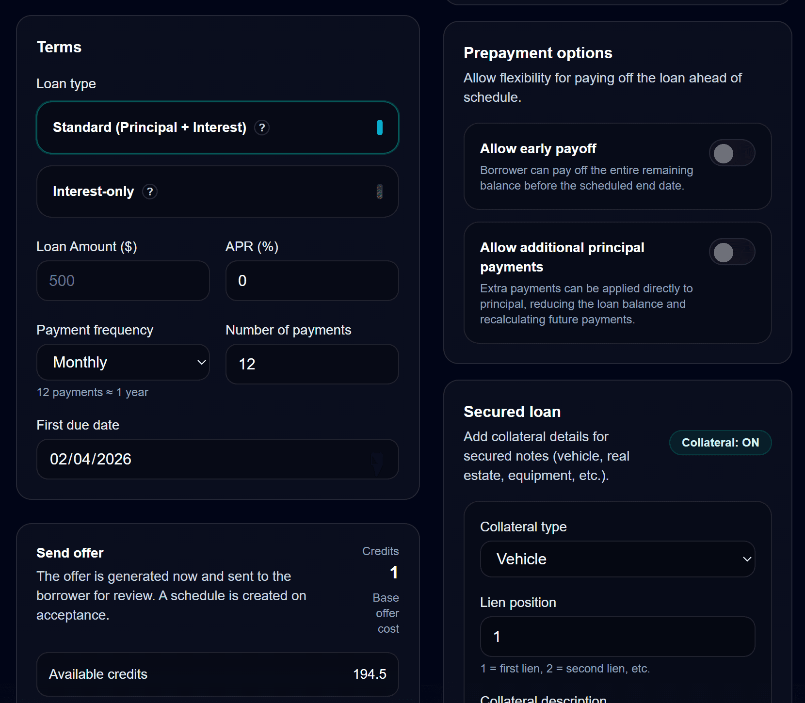 Accorda agreement builder showing loan terms entry