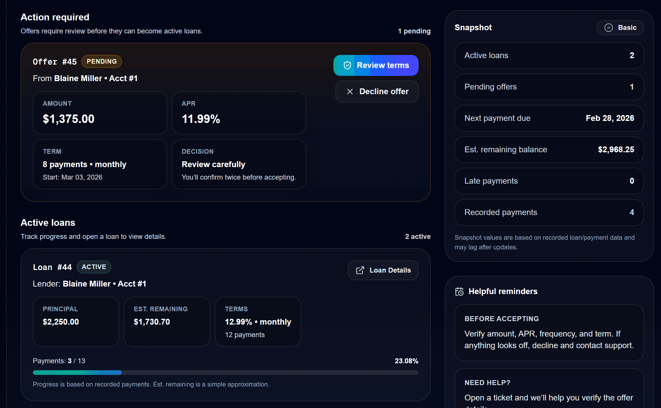 Accorda borrower portal showing loan status and payment schedule