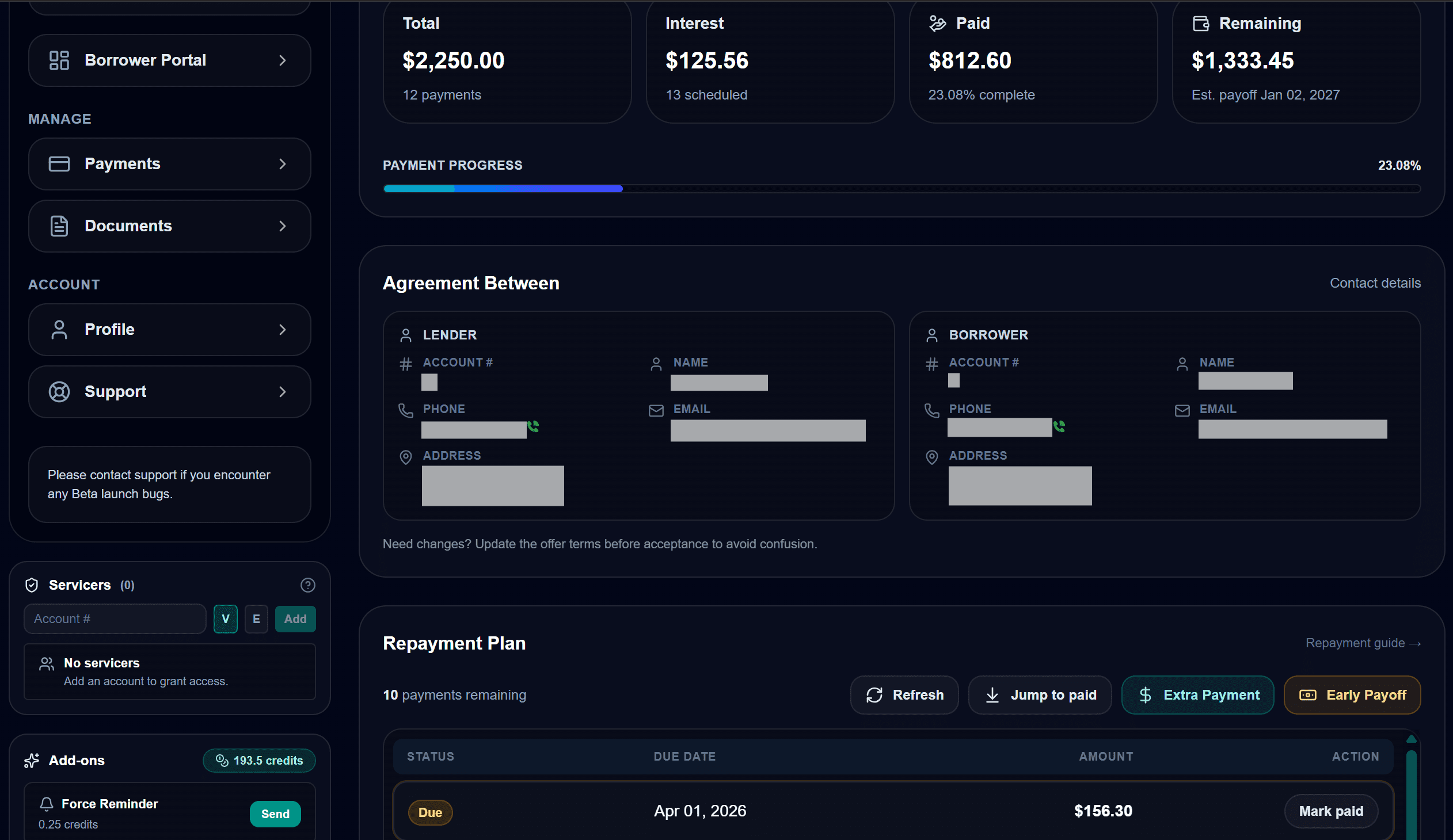Accorda loan details page with full summary and payment schedule